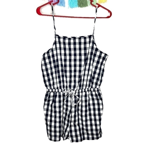Cisono Navy and White Plaid Gingham Cotton Spaghetti Strap Romper Size Large - Picture 1 of 15